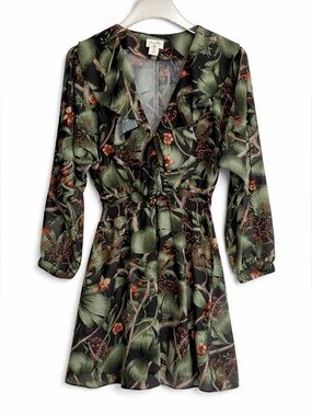 Johanna Ortiz x H&M Floral Mini Dress Black Green Tropical Long Sleeve S